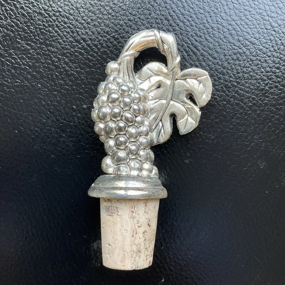 Vintage‎ Cork Bottle Stopper topper Ornate Grape Leaf beautiful MCM HTF Pewter